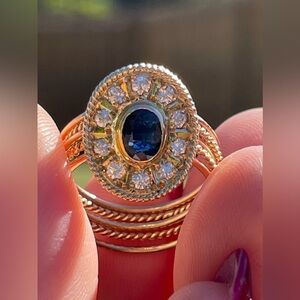 Unique Natural Sapphire Diamond Halo Ring 14K